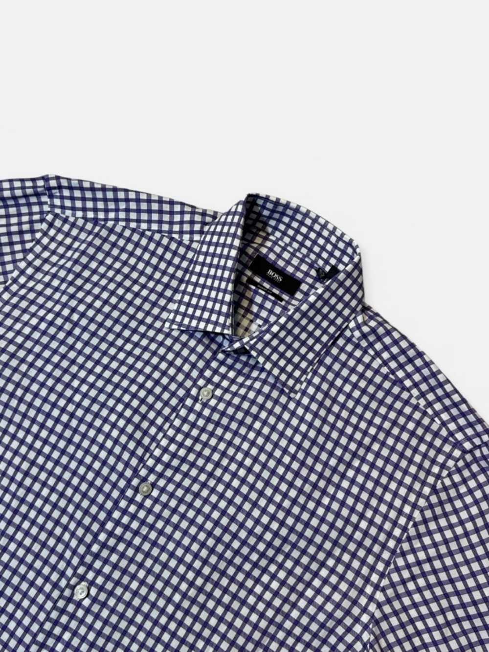 Hugo Boss mens 15.5 34/35 sharp fit purple check plaid dress shirt EUC